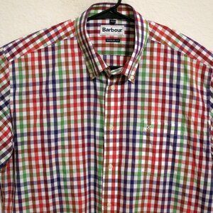 Barbour Shirt Mens Large Short Sleeve Button White Blue Red Striped